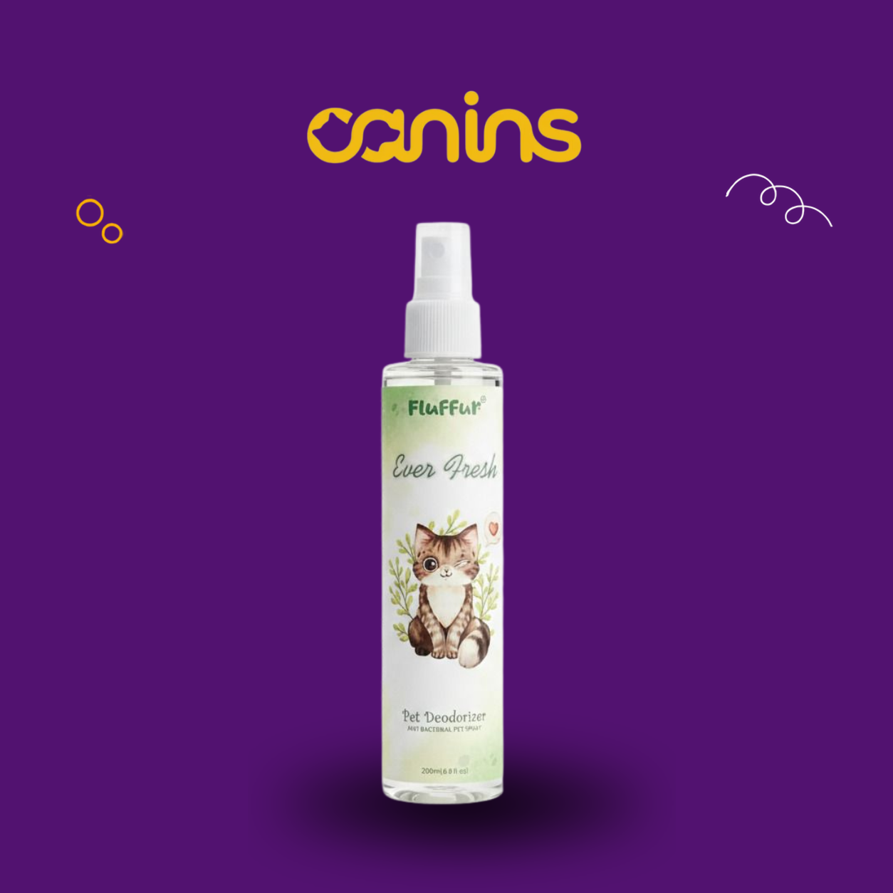 A bottle of FluffFur Ever Fresh Pet Deodorizer spray centered on a solid purple background, with the brand name 'canins' in yellow above it.