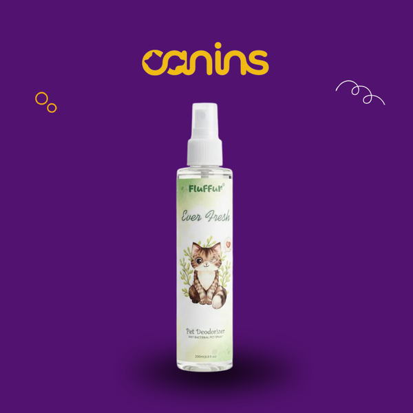 A bottle of FluffFur Ever Fresh Pet Deodorizer spray centered on a solid purple background, with the brand name 'canins' in yellow above it.