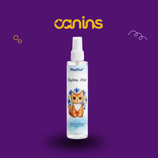 A bottle of FluffFlur Skyline Mist pet deodorizer with a white spray top and a blue-and-white label featuring a cartoon cat, centered on a solid purple background with the word 'canins' in yellow above it.