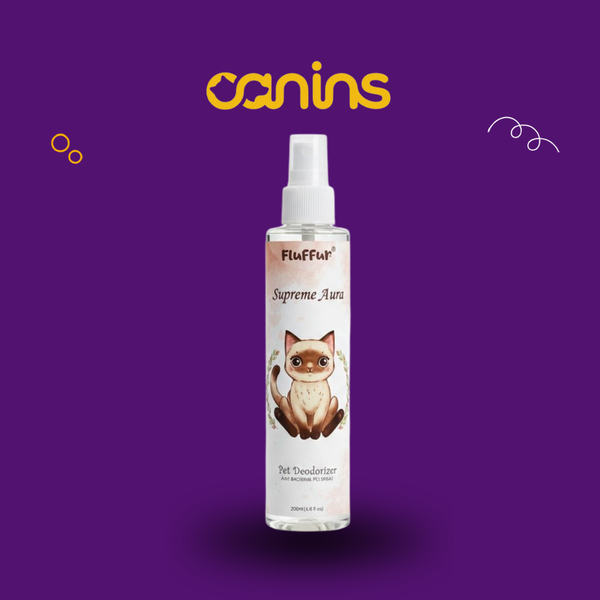 A bottle of Fluffy's Supreme Aura Pet Woodoliner spray centered on a solid purple background with the brand name 'canins' in yellow above it. The bottle is clear with a white spray top and a white label featuring a cartoon cat.
